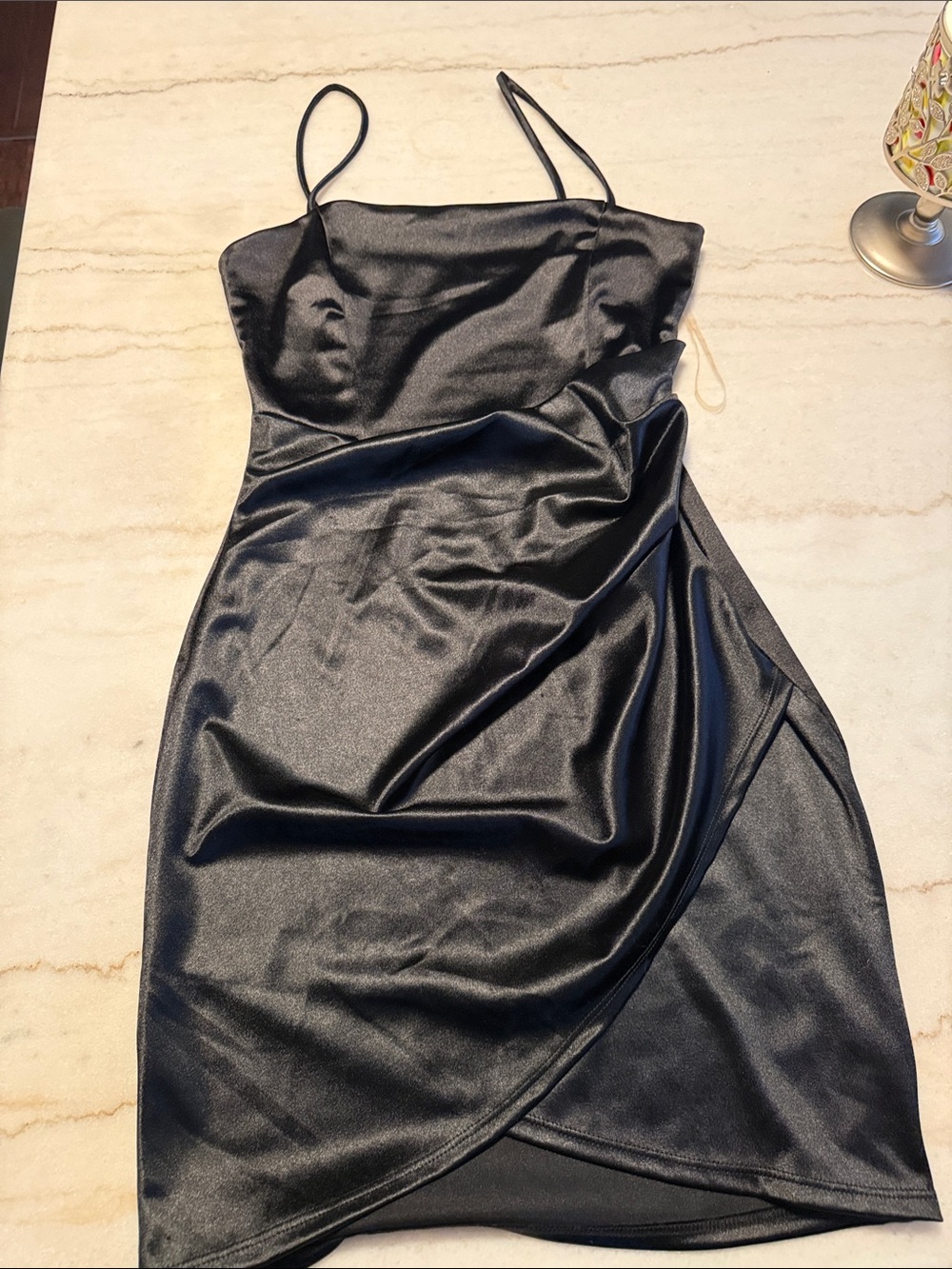 Windsor Black Satin Midi Slip Dress with Wrap Skirt